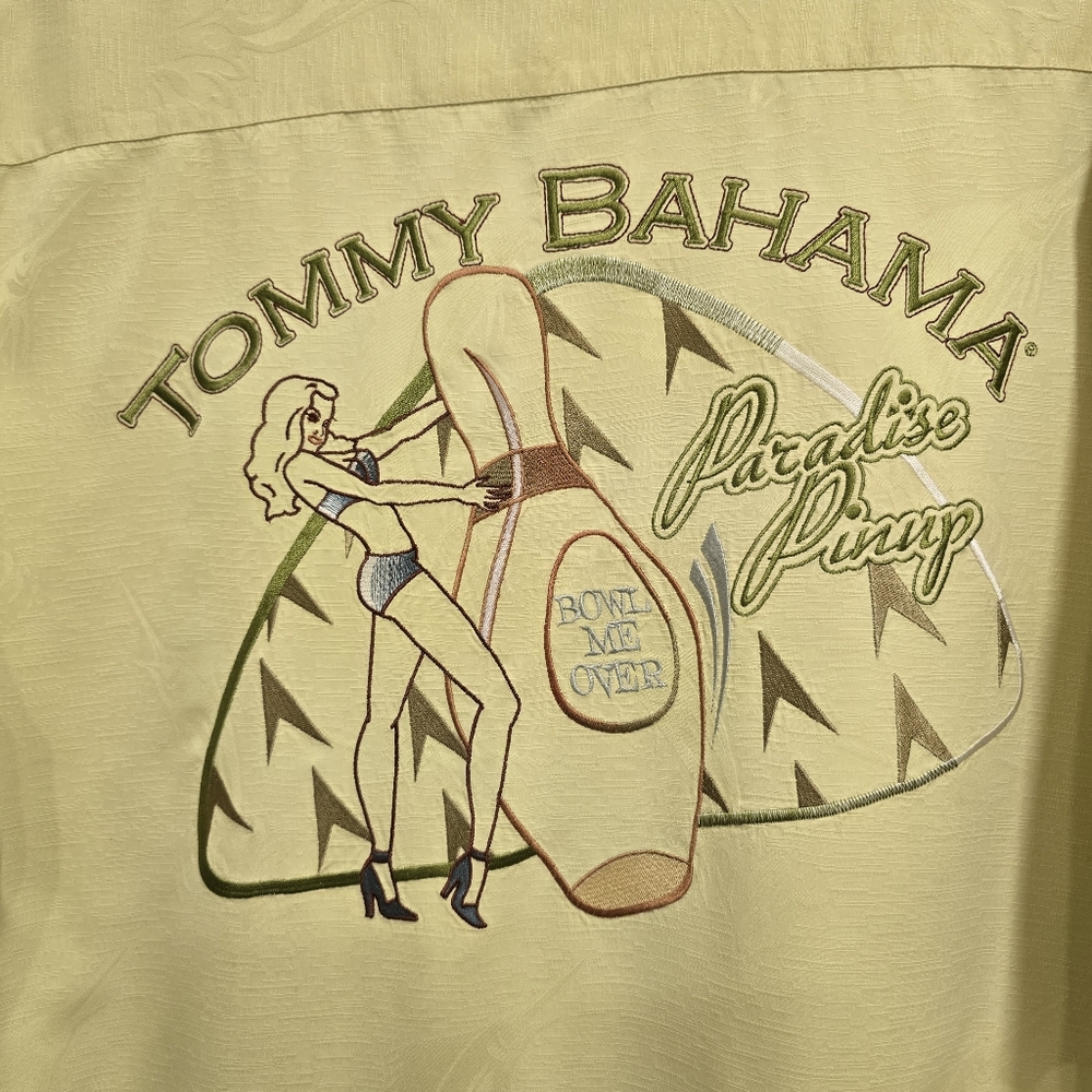 Tommy Bahama Yellow Short Sleeve Shirt Size M Silk Paradise Pinup Bowling *